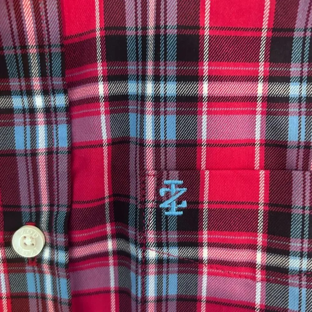 IZOD Boys Button Down Long Sleeve Shirt Red Plaid Size M Stretch Fabric NWT